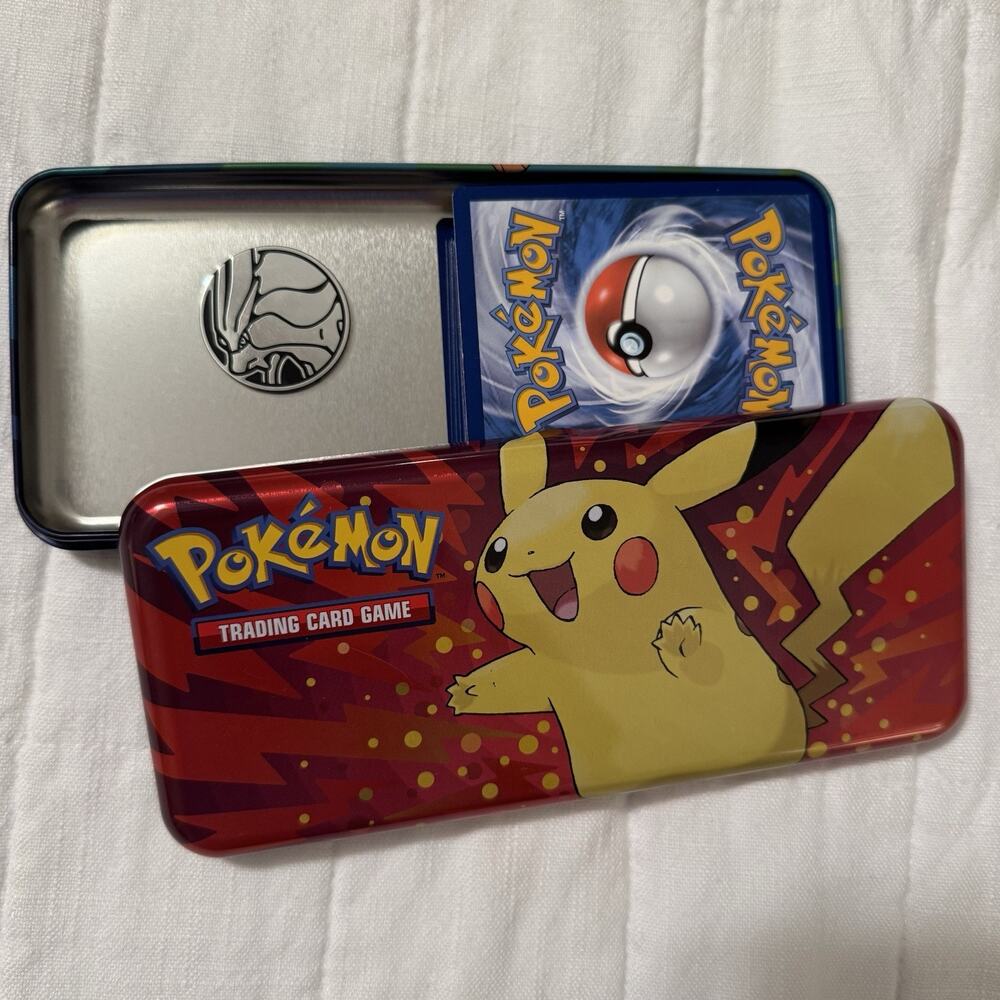 Lot Of Pokemon Cards 2022- 49 Cards.‎ Coin. Metal Tin Pokémon Pencil Case
